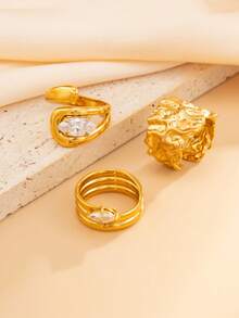 3pcs Vintage Asymmetrical Metal Gold Abstract Rings, Baroque Faux Pearl Decor Rings, Stackable Thick Jewelry Set, Suitable For Women's Daily And Diverse Party Decoration, Fashion Outfit Matching, Holiday Gifts - 3 Piece Ring Set - View 9