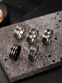 5 pièces Set d'anneaux pour hommes en acier inoxydable argent de style punk, motifs échiquier, rose, flamme, toile d'araignée, convient pour le port quotidien ou en cadeau