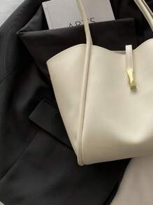 1pc Solid Color Metallic Decoration PU Leather Large Capacity Snap Button Minimalist Fashion Shoulder Tote Bag, Suitable For Women's Daily Use