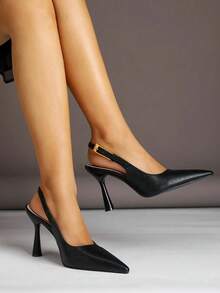 Women's Pointed Toe Chunky Heel Suede Pumps With Back Strap, Breathable Closed Toe High Heel Slingbacks For Summer - Black - View 2