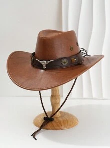 1pc Men's Multi-Color Bull Head Studded Leather Jazz Hat, Outdoor Sun Hat, Large Brim Western Cowboy Hat, Spring/Summer/Autumn
