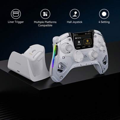 (No Drift)Interactive Screen Wireless Gaming Controller For IOS/For Switch/PC/Android/Steam Deck,Hall Effect Stick & Trigger,RGB Lighting,Remappable Buttons,1800mAh With Charging Dock-V2 (White).[Notice]Not Compatible With Xbox,PS