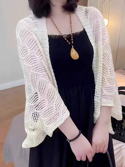 1 件女士宽松镂空针织披肩，轻质长袖围巾斗篷，适合春秋夏季，日常穿着开衫