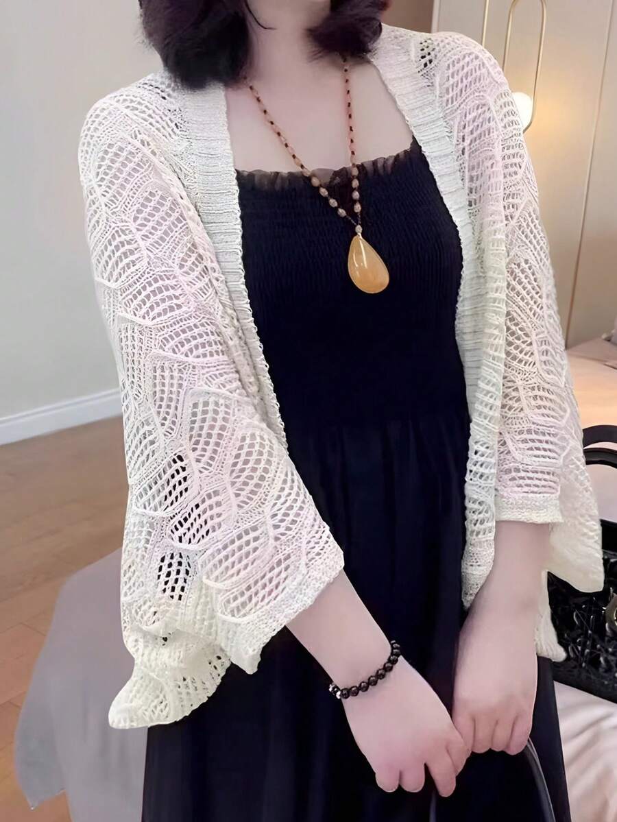 1 件女士宽松镂空针织披肩，轻质长袖围巾斗篷，适合春秋夏季，日常穿着开衫