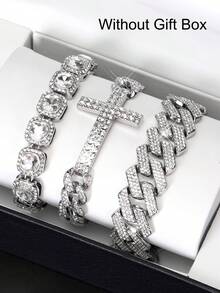 3 buc/set brățară cu pandantiv cruce Ice Out rotundă cu lanț Tenniers și brățară cubaneză Miami Set pentru tânăr bărbat și femeie cubaneză lanț cruce punk set de brățări cu pandantiv Unisex cadou pentru bărbați și femei potrivit pentru zi cu zi și petrecere - A - Vizualizare 13