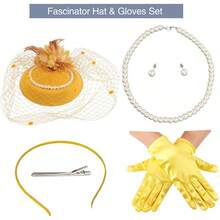 Ibeauti Fascinator Hats With Screentouch Lace Gloves Set Women Tea Party Cocktail Wedding Derby Headwear Short Gloves - 01 Vàng - Xem 3