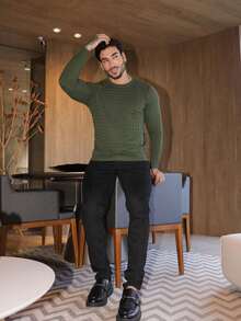 Men's Knitted Sweater Long Sleeve Solid Color Autumn Winter Chic Elegant - xanh quân đội - Xem 4