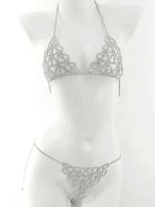 Cuier 1pc Nightclub Hollow Heart Bikini Body Chain Set, Women's Shiny Rhinestone Bra And Shorts Chain For Beach Party - Silver - View 2