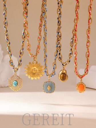 GEREIT 1pc Bohemian Colorful Rope Chain Necklace With 18k Gold Stainless Steel, Hollow Flower, Green Turquoise, Tiger Eye Pendant For Women