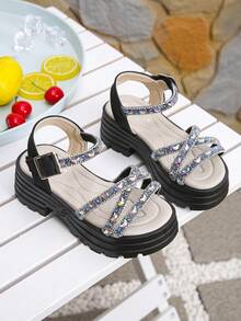 Girls' Fashionable Glitter Bow Design Thick Sole High Heel Open Toe Sandals, Butterfly Pattern Randomly Distributed - Black - View 2