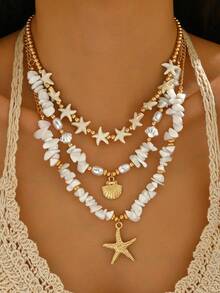 Juego de 3 collares con colgantes de piedra personalizada, perla de CCB, turquesa, estrella de mar y concha marina, estilo bohemio de vacaciones en la playa - Blanco - Ver 2