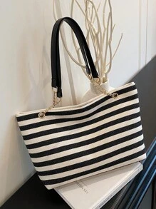 1pc Fashion Striped Contrast Color Large Capacity Nylon Tote Bag With Chain Shoulder Strap For Women