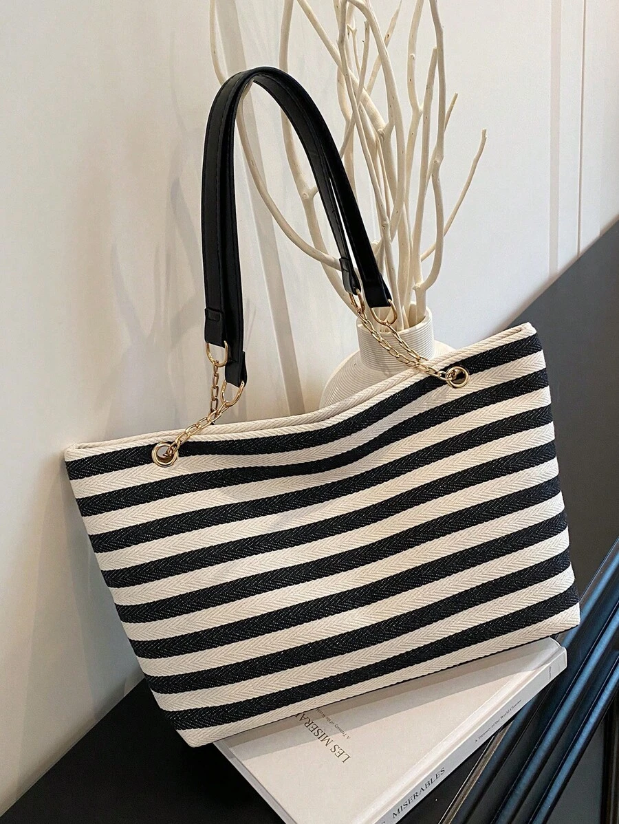 1pc Fashion Striped Contrast Color Large Capacity Nylon Tote Bag With Chain Shoulder Strap For Women