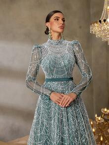 Elisanya Váy dạ hội chữ A đính cườm/sequin cổ cao tay dài FAERIESTY thanh lịch dành cho các buổi dạ hội trang trọng, sự kiện thảm đỏ, đám cưới sang trọng, tiệc chiêu đãi lớn và các sự kiện từ thiện cao cấp - Màu xanh lá cây đậm - Xem 4