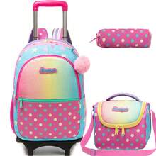 Mochila con ruedas para niñas en edad escolar, mochila con ruedas escolares, mochilas con ruedas lindas para niñas de 8 a 12 años, mochilas con ruedas y lonchera, útiles escolares de vuelta a clases - Rosa Amarilla Roja L4005F - Ver 1
