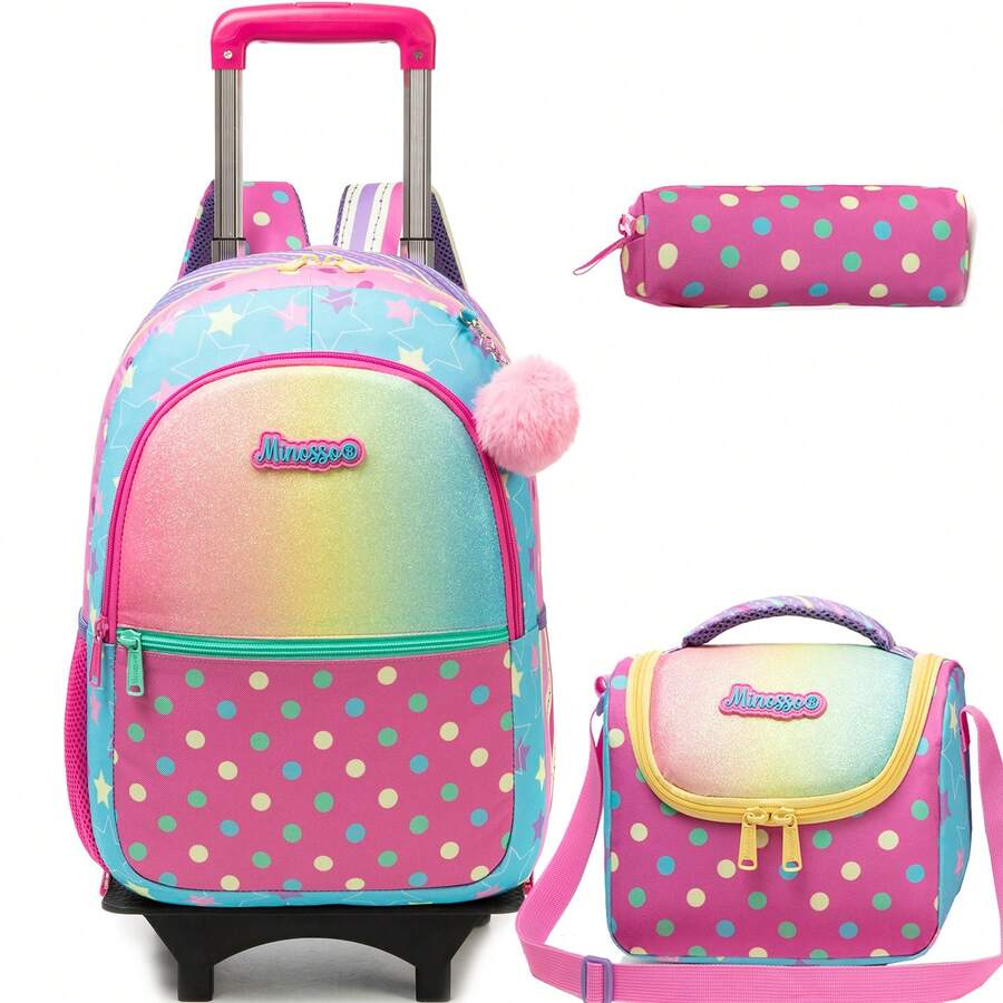 Mochila con ruedas para niñas en edad escolar, mochila con ruedas escolares, mochilas con ruedas lindas para niñas de 8 a 12 años, mochilas con ruedas y lonchera, útiles escolares de vuelta a clases - Rosa Amarilla Roja L4005F - Ver 1