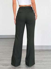 Women's Tailored Flare Pants With Fake Pockets At The Back - Olive Green - View 2
