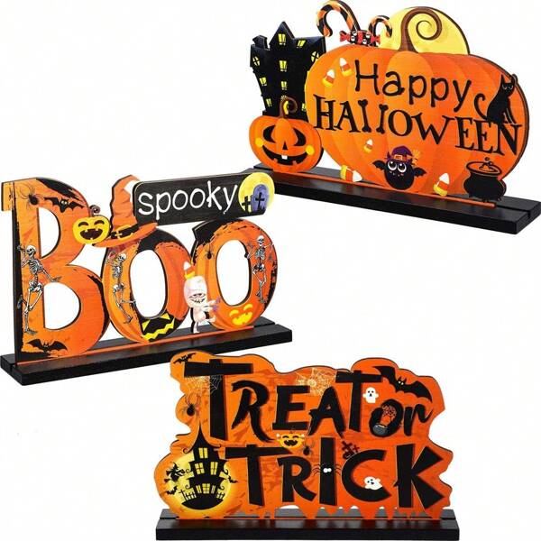 3 decorações de mesa de Halloween, centro de mesa de abóbora, mesa de doces de madeira, jantar de festa de Halloween, bandeja de centro, decoração de sala