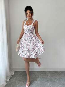 New Women's Lace-Up Bow Small Floral Print Cinched-Waist One-Piece Mini Skirt - White - View 6