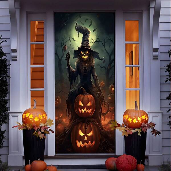 1pc-Halloween Scarecrow Door Curtain - Spooky Horror Scarecrow Hanging Door Decor, Haunted House Scary Door Cover For Halloween Party, Fall Harvest Festival Decorations, Durable Polyester Fabric With Grommets (W80xL90 Inch) - Halloween 2025 Decor