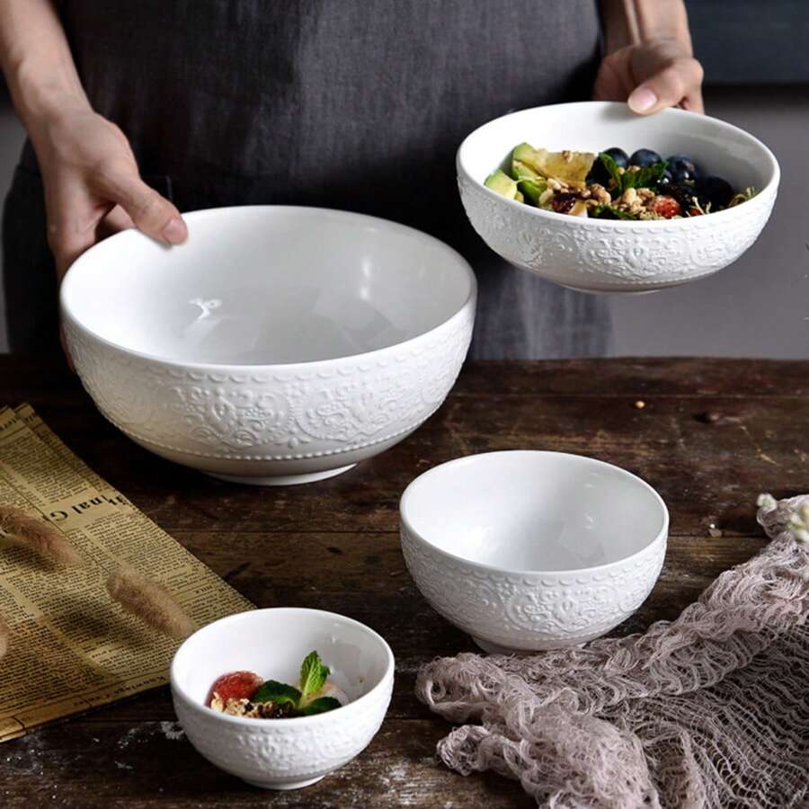 浮雕图案陶瓷家用碗，简约圆形纯色汤/沙拉/米饭碗，创意搅拌/烘焙碗，现代清新风格，光滑耐用，易于清洁