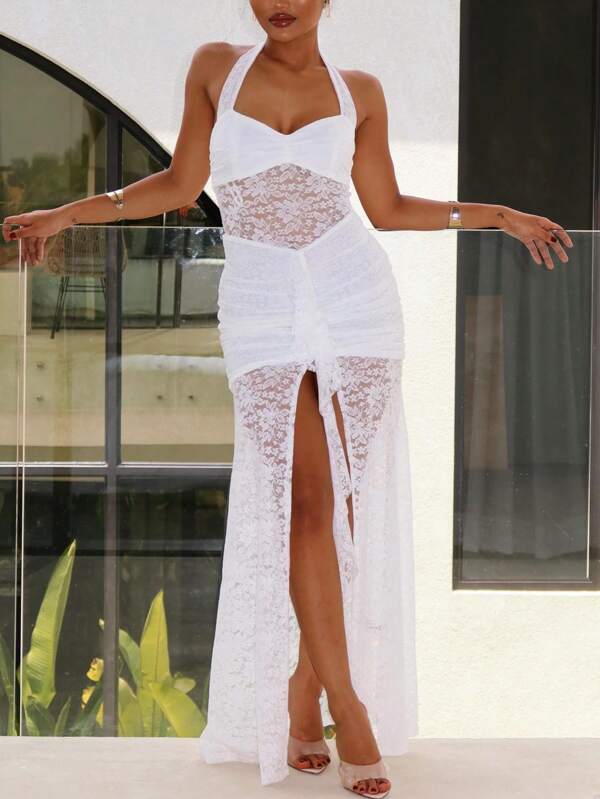 Vestido de fiesta de mujer de malla y encaje con cuello de corbata, vaporoso, para el verano