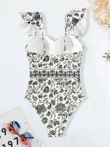 Blue And White Porcelain Printed Elegant Comfy Fashion Design One Piece Swimsuit,Classic And Elegant Swimsuit,Women's Swimwear And Clothing,Vintage Printed Swimsuit For Women,Summer Beach - 灰色 - 查看 6