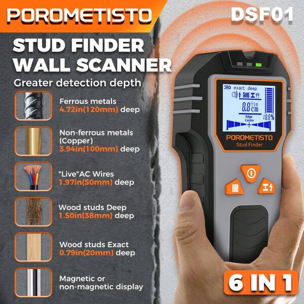 POROMETISTO POROMETISTO-DSF01 Detector de pared 6 en 1, Detector de vigas con posicionamiento de precisión, Detector de cables eléctricos vivos, Detector de metales/madera, Escáner multifuncional para paredes de madera/ferrosos/no ferrosos