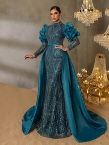 Elisanya Gorgeous Beaded Sequin Evening Gown With Dramatic Lantern Sleeves, Cascading Geometric Beading, Mermaid Silhouette & Satin Overlay For High-End Parties, Luxury Galas & Formal Award Shows