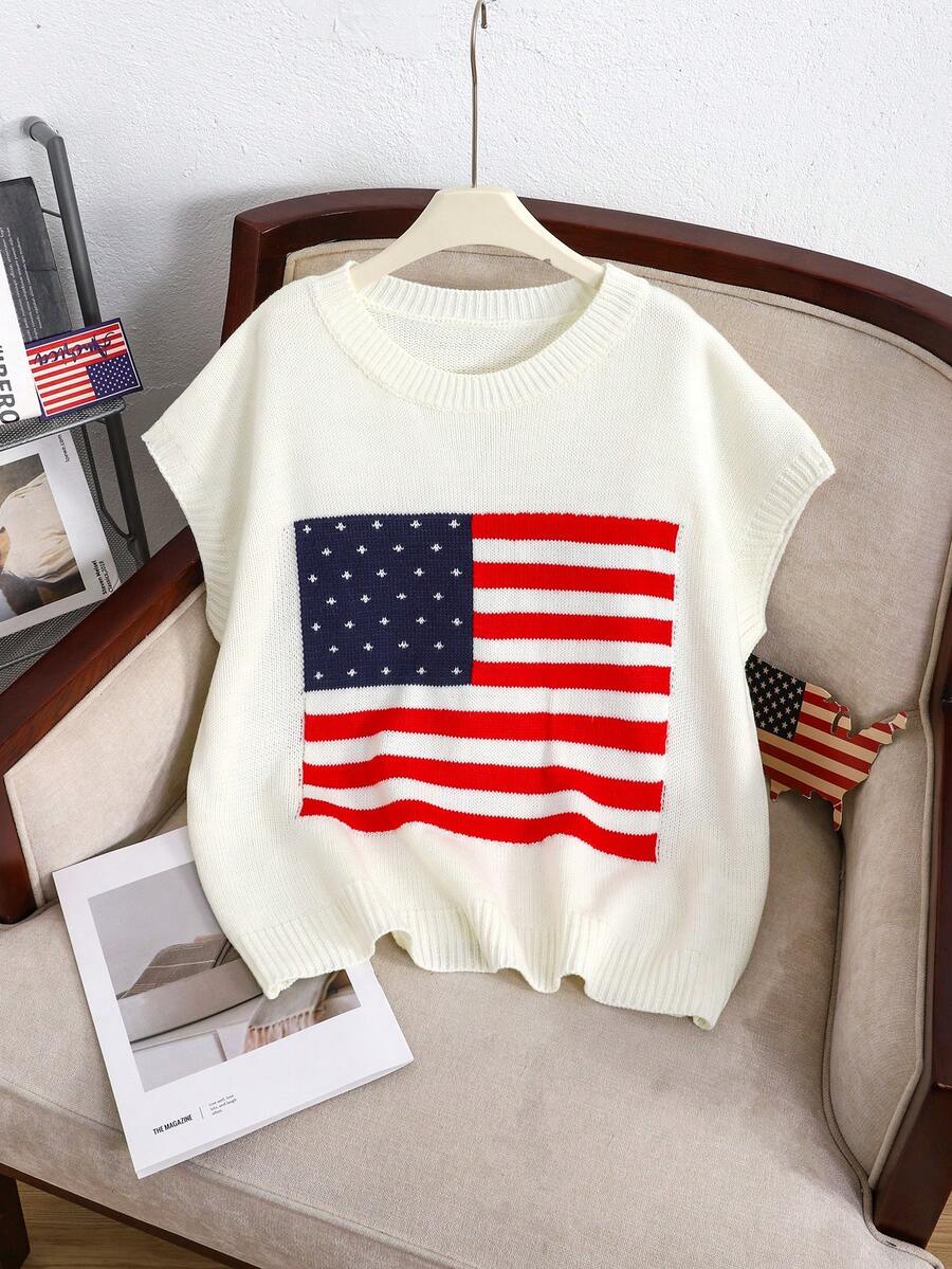 7月4日加大码美国国旗印花针织毛衣 - 白色 - 查看 1