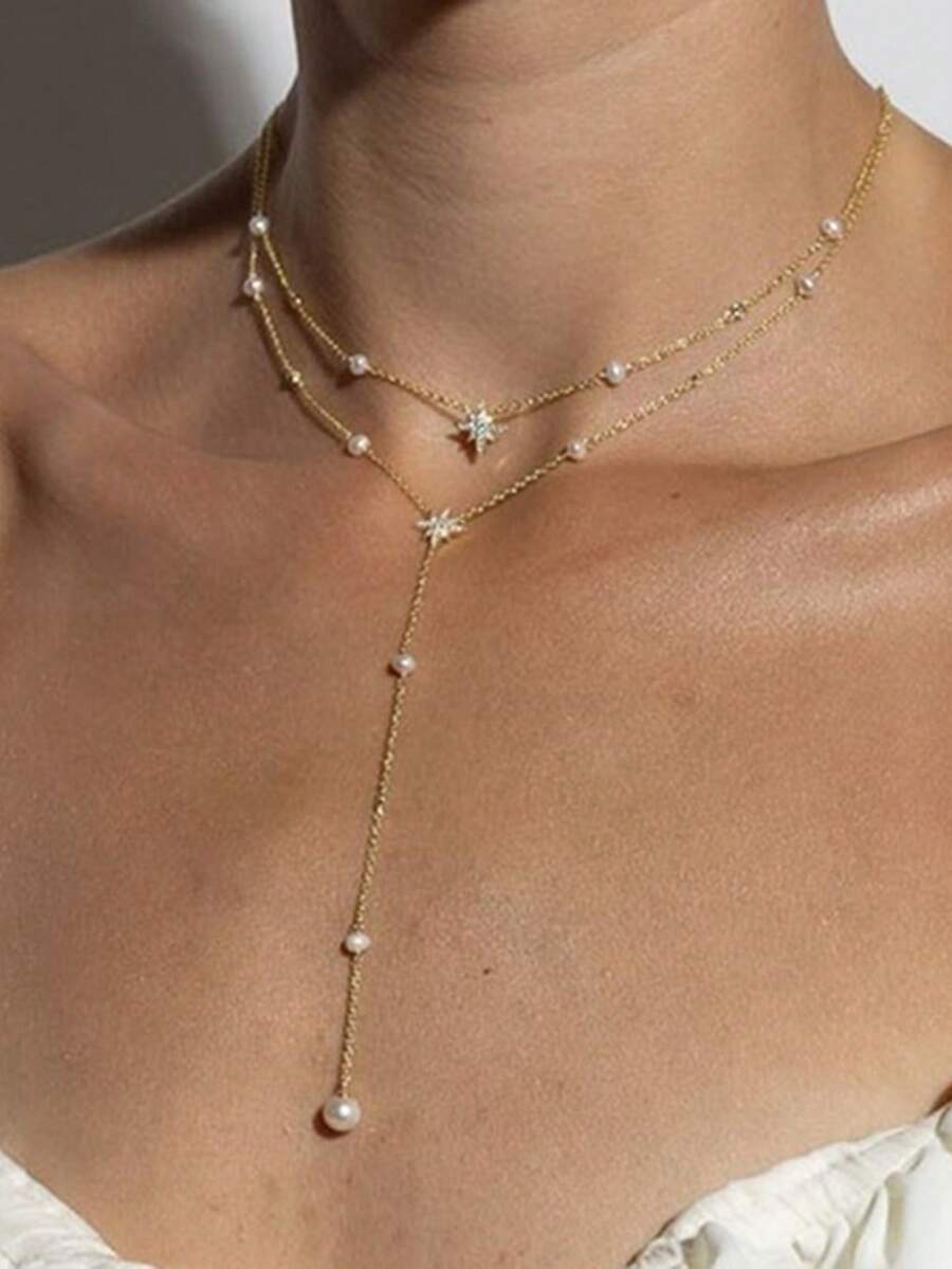 1 件女士欧美风格全水晶星星珍珠双层 Y 形流苏颈链 - 六芒星 - 查看 1