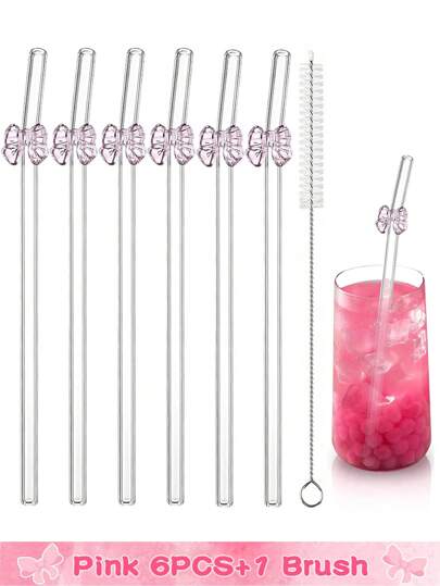 6 PIEZAS Pajitas de vidrio reutilizables con moño rosa, resistentes a los golpes, pajitas para beber curvas lindas con cepillos de limpieza para bebidas frías y calientes, tés, bares, accesorios para tazas para despedidas de soltera y fiestas tropicales, juego de bebida caprichoso para el jardín de hadas y decoración de boda
