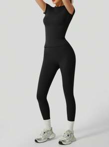 YEIFIN Conjunto de chándal de camiseta de cuello redondo y leggings de cintura alta para mujer de 2/4 unidades, camiseta deportiva cómoda y pantalones ajustados para hacer yoga en el gimnasio, ropa deportiva de verano para mujer para la vuelta al cole, chándales para mujer, estilo primavera y verano para chica del centro