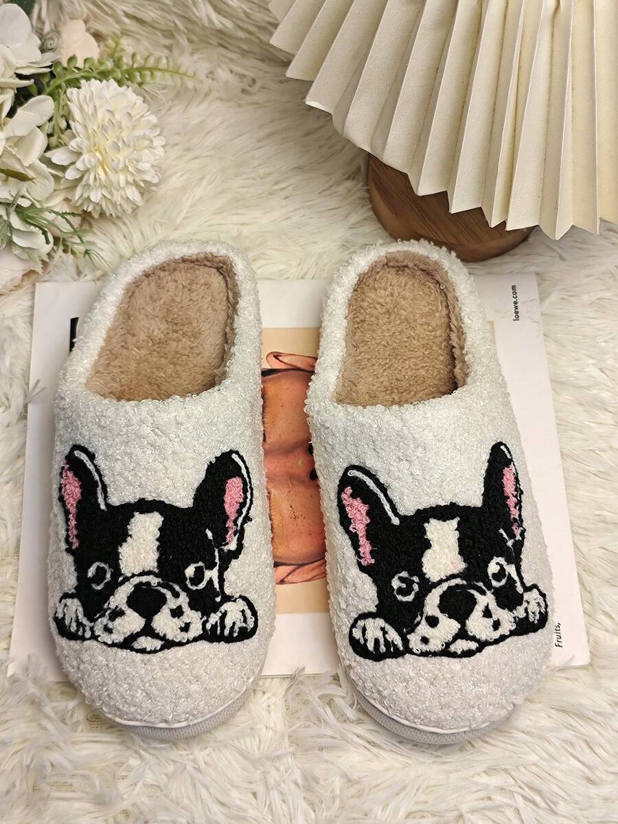 New European & American Cross-Border Cartoon Animal Cat, Dog, Lion, Rabbit, Cherry Embroidered Fabric Slippers, Unisex Cozy Winter Plush House Slippers, Couple Warm Slippers - Black Powder - View 1