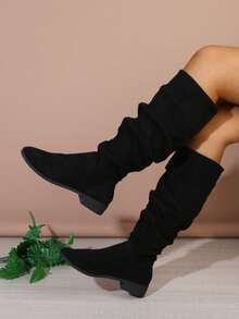 New Women Plus Size Suede Solid Color Fashion Knee-High Boots, Stylish Square Toe Flat Western Boots, Fashionable Single-Lined Pleated Boots For All Seasons, Versatile Slip-On Wrinkled Comfortable Boots, Soft Sole Solid Color Plus Size Slimming Classic Slouch Boots