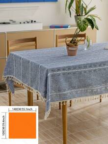 1pc Scandinavian Style Blue Lattice Hollow-Out Tablecloth, Rectangle Striped Embroidered Tassel Multifunctional Cover Cloth, Suitable For Festival, Party, Birthday, Dinner, Home, Dorm Decor
