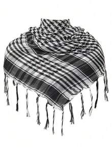 1 件女士时尚经典沙漠格子印花战术方形围巾，阿拉伯户外防晒防风男女通用围巾披肩带流苏，适合日常穿着和户外 - 黑與白 - 查看 13