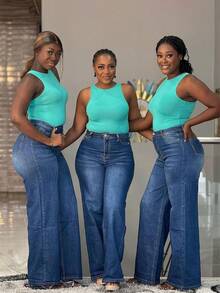 Jeans de pierna ancha de cintura alta de corte ceñido en azul oscuro, versátiles para for Commuting