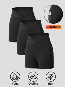 3pcs Teen Girls' Solid Color Elastic Waist Pocket Shorts, Suitable For Cycling, Running, Sports, Back To School (YY898)