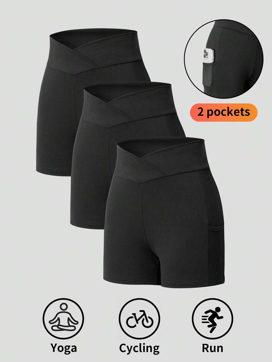 3pcs Teen Girls' Solid Color Elastic Waist Pocket Shorts, Suitable For Cycling, Running, Sports, Back To School (YY898)