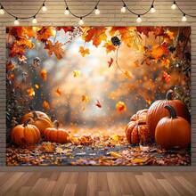 1 pièce Toile de fond thème automne, citrouille, feuille de Thanksgiving, 180 x 230 cm, bannière de fête, décoration de fête de récolte d'automne campagnarde de Thanksgiving, fond de photographie, convient pour salle de vie familiale, chambre à coucher, studio photo, réunion en ligne - Multicolore - Voir 3