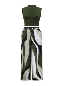 通勤/约会优雅套装：弹力针织无袖高领短款上衣 + 飘逸阔腿裤，几何图案 + 侧袋，适合外出穿着