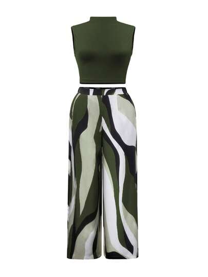 Commute/Date Night Elegant Set: Elastic Knit Sleeveless Mock Neck Cropped Top + Flowing Wide Leg Pants, Geometric Pattern + Side Pockets, Suitable For Outings Summer