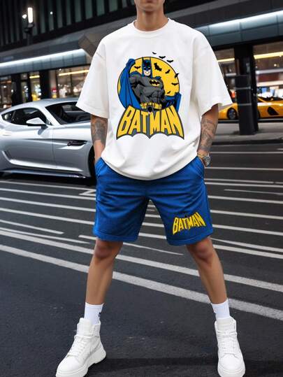 Warner Bros 2pcs Casual Batman Graphic Print Men's Short Sleeve T-Shirt And Sports Pants Set, Summer