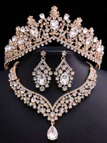 Baroque Crystal Bridal Jewelry Set, Glamorous Rhinestone Gothic Crown Earrings Necklace Set, Suitable For Bride, Women, Wedding, Prom, Party Accessories Hair Decor - Crown + Necklace + Earrings Four-piece Set - View 4