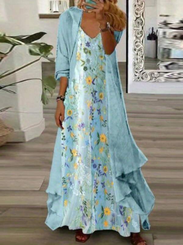 Women 2-Piece Set, Sleeveless V-Neck Flower Long Dress With 3/4 Sleeve Cardigan Streetwear