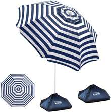 Beach Umbrellas For Sand With Sandbag & Anchor, 6.5ft Adjustable Umbrella For Beach Heavy Duty Wind, Portable UPF50+ Sunshade With Carry Bag For Patio, Navy Striped - Baby Blue - View 1
