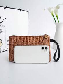 Women's Brown Woven Bohemian Style Clutch Bag, Suitable For Vacation