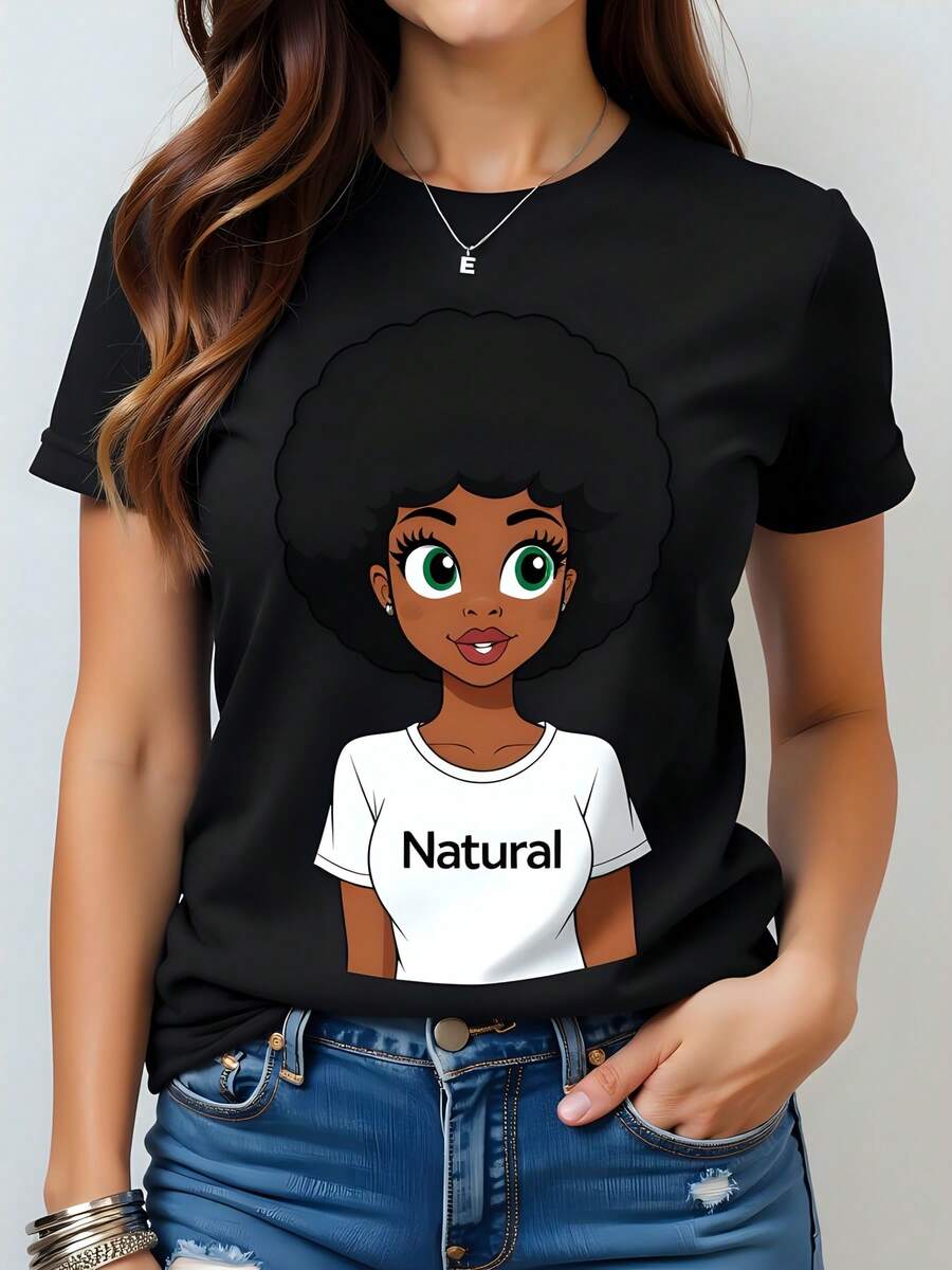 Camiseta Mujer 180g Algodón Negro Estilo Casual con Estampado "Natural", Cuello Redondo, Manga Corta Perfecta para Primavera Verano, Ropa de Moda Juvenil y Cómoda para Diario, Unisex de Verano con Ilustración de Mujer Afro, Outfit Ideal para Uso Diario. - Negro - Ver 1