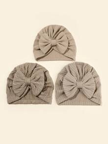 Set de 3 gorros de bebé recién nacido en unicolor, elásticos, con venda de moño - Multicolor - Ver 36